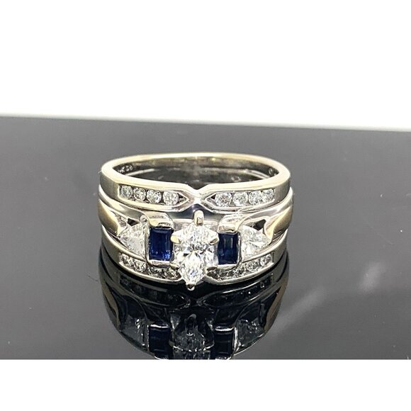 Wedding Set Diamond Blue Sapphire 14K White Gold Engagement Ring Band Size 5.25 - Picture 1 of 12